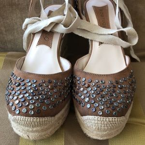 Espadrilles Nail Heads Embellished Wedge Leather 8.5 Brown  New shoes summer